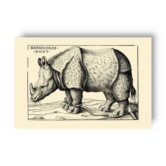 Vintage scientific illustration of Burgkmair's original rhinoceros on a beige background