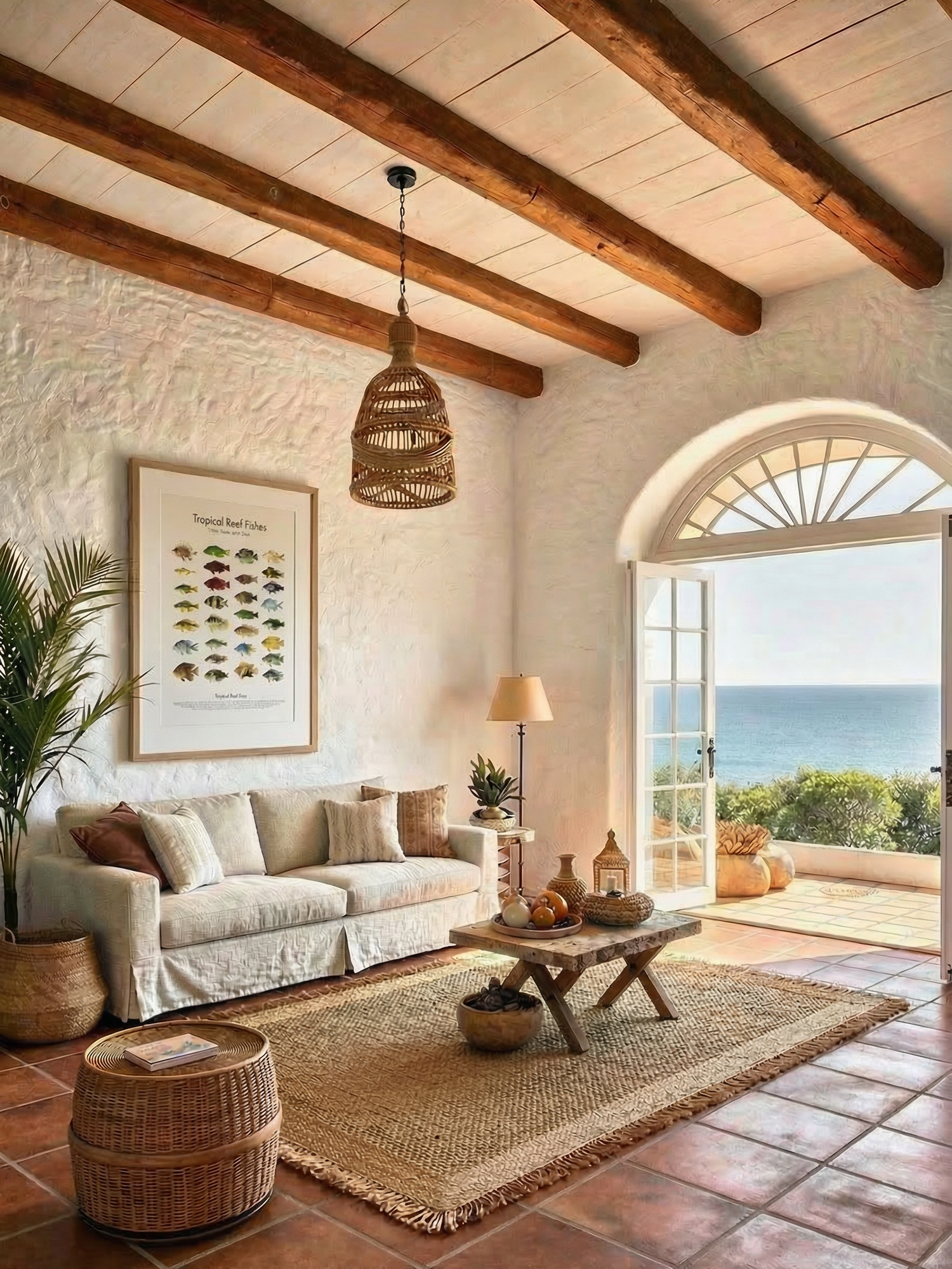 Cozy living room with ocean view, wooden beams, and decorative elements.