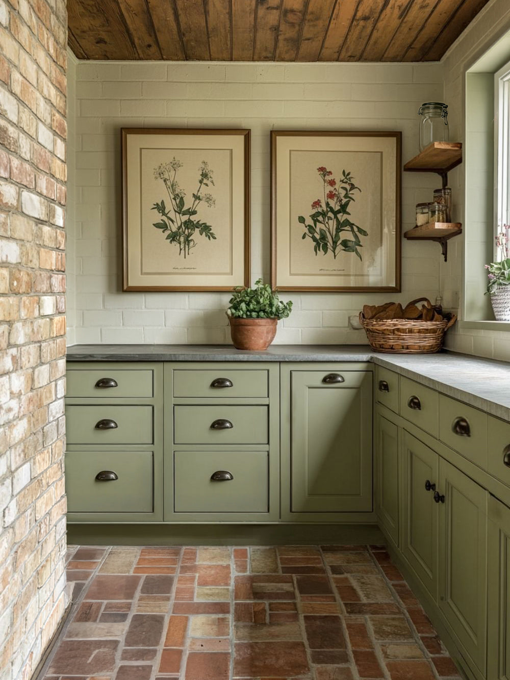 Nestled corner of a cottage home interior kitchen with green cabinets, stone floor, and framed botanical prints on the wall.