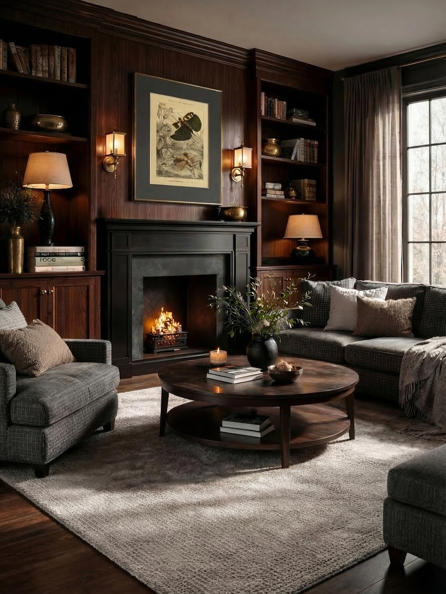 Cozy study with dark wood bookshelves, fireplace, and gray sofa.