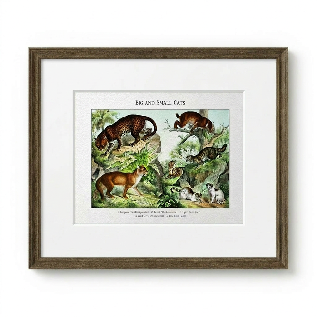 Framed vintage scientific illustration artwork of 'Big and Small Cats' with various feline illustrations on a white background.