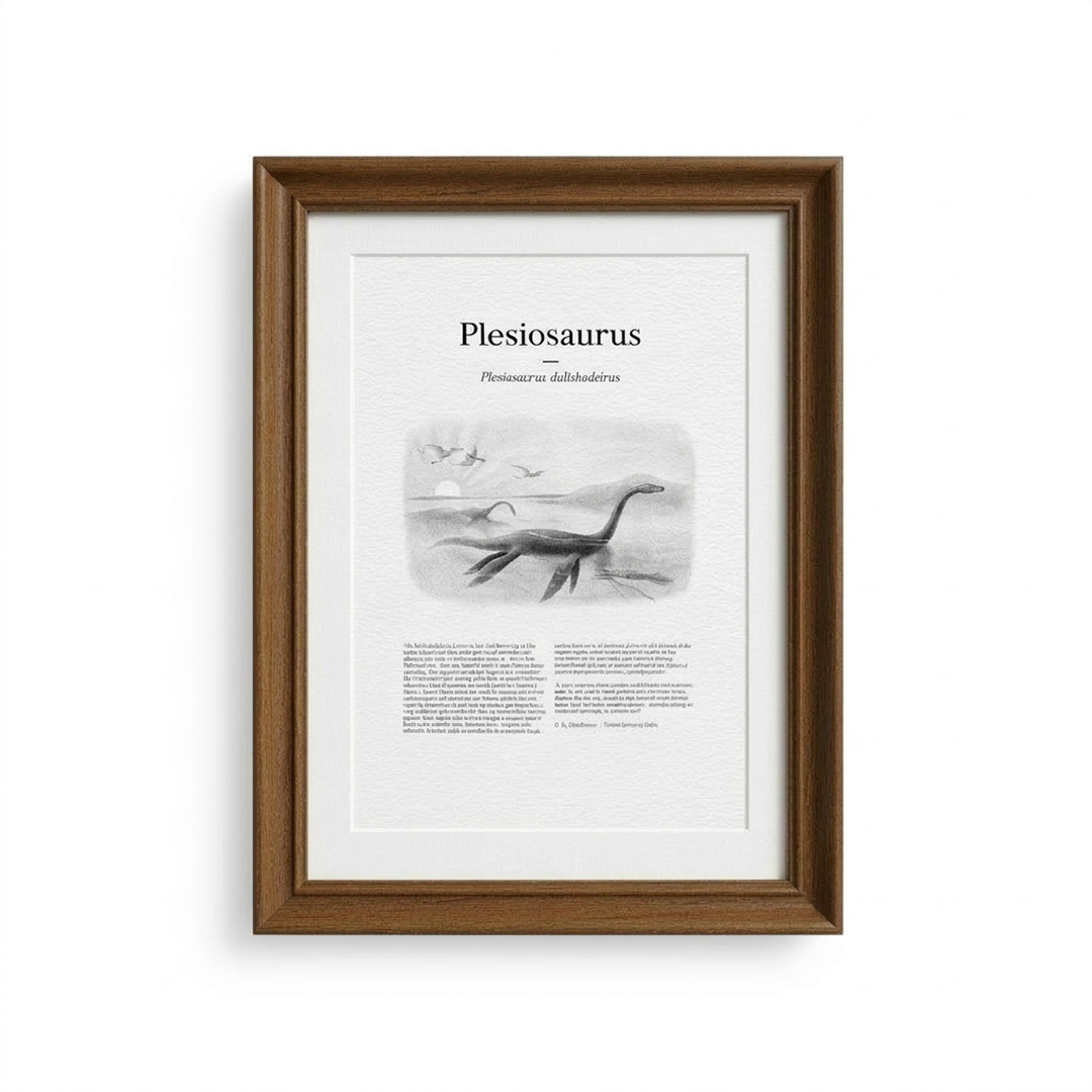Framed print of a vintage scientific Plesiosaurus illustration on a white background