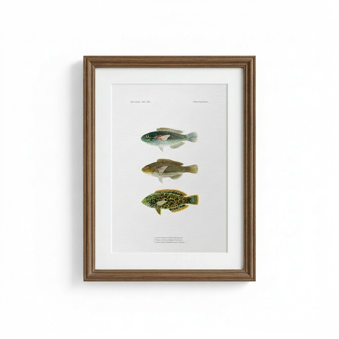Framed vintage scientific illustration artwork with illustrations of three fish on a white background
